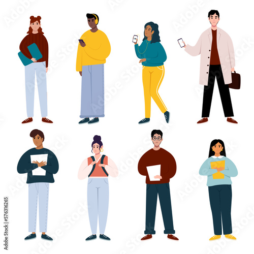 Set of vector ready to animation people characters performing various activities. Different nation young girls and boys holding books and laptop. Students group, international people vector.