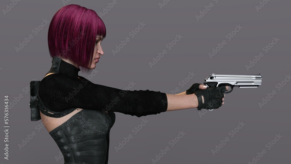 3D-illustration of an female rogutlike ninja fighter fighter in a nanosuit with guns