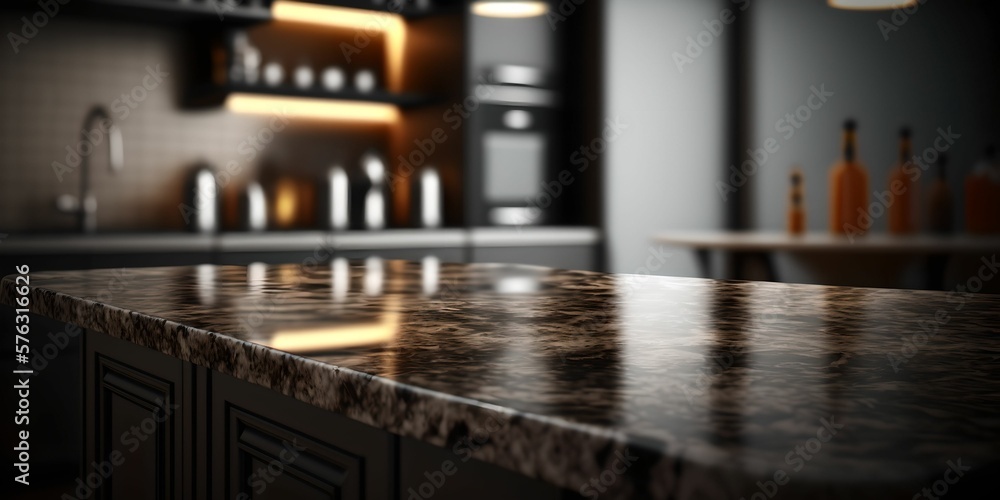Modern empty dark marble table top or kitchen island on blurry bokeh kitchen room interior background, Generative AI
