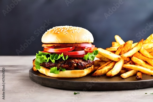 Delicious freshly made classic burger with fries. Close up. Generative Ai