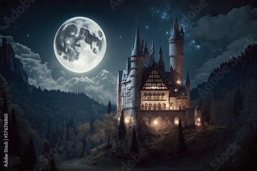 Moonlight Majesty: A Journey to the Towering Castle Monastery Generative AI