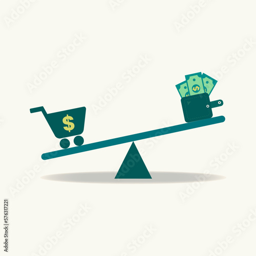 Balance scale with wallet, money and shopping cart. Income and expenses are greater expenses concept