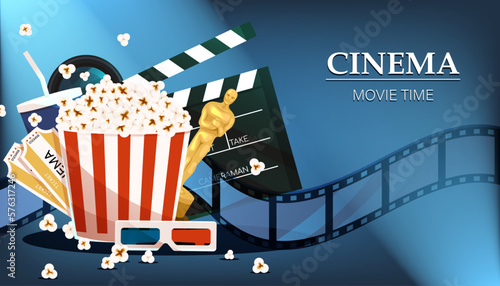 Cinema movie time. Online cinema art movie watching with popcorn, 3d glasses and film-strip cinematography concept. Vector illustration EPS10