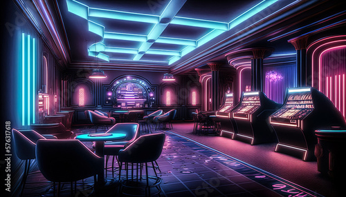 Casino room background with blue and purple neon lighting by generative AI