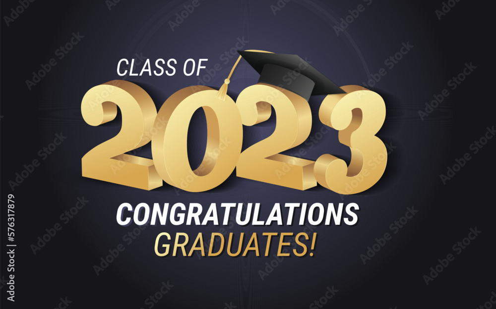 Class of 2023. Congratulations graduates gold graduation concept with 3d text and decorative elements. Graduation typography design template. Congrats graduates Flat style vector illustration Class of 2023. Congratulations graduates gold graduation concept with 3d text and decorative elements. Graduation typography design template. Congrats graduates Flat style vector illustration