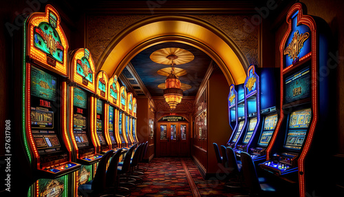 Casino and slot machines in hallway background by generative AI