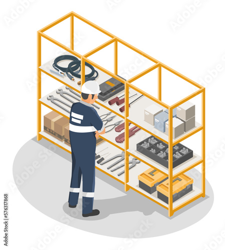 Technician selection of tools in Storeroom and Tool Crib Management industrial manufacturing worker concept illustration isometric isolated vector