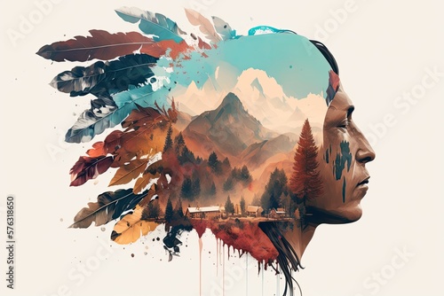 Native american silhouette, head morphing into mountains, landscape, feathers or totem animal, watercolor style, AI generative photo