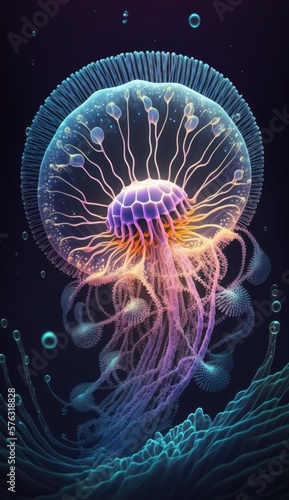 Imaginary bioluminescent jellyfish underwater, AI generative