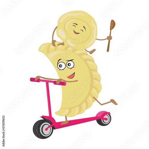 Fun dumplings on a pink scooter with a spoon
