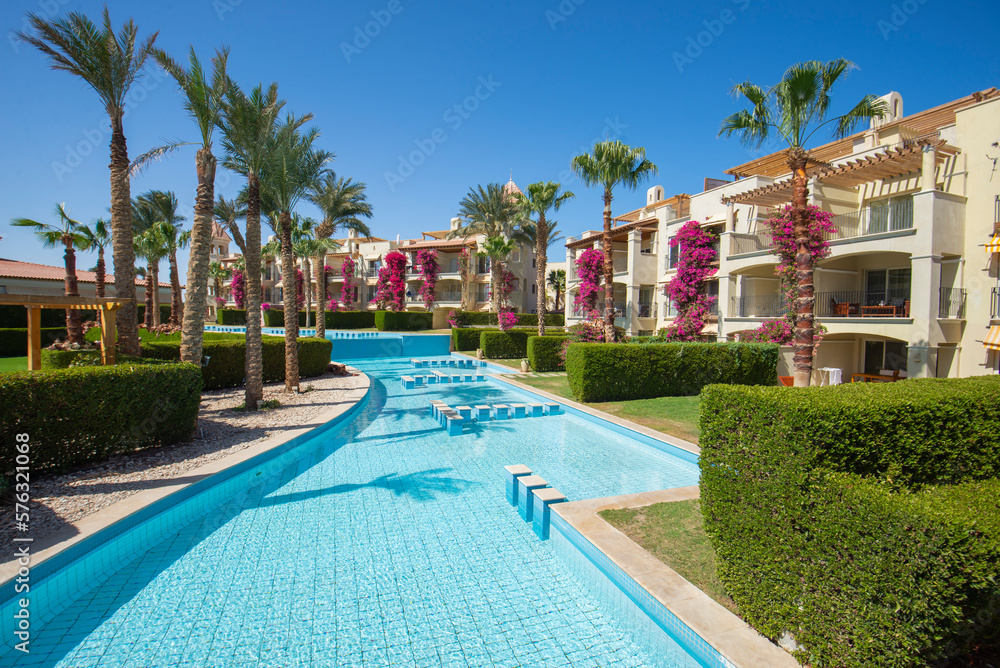 Swimming pool in a luxury tropical hotel resort