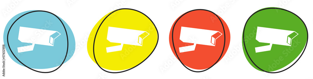 Banner mit 4 bunten Buttons: Kamera, Video oder Videoüberwachung Banner mit 4 bunten Buttons: Kamera, Video oder Videoüberwachung