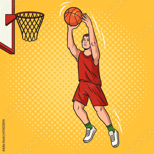 basketball player puts the ball in the hoop pop art retro vector illustration. Comic book style imitation.