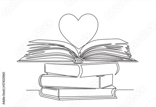 Books stack, Open book and heart, continuous line vector illustration. one line vector drawing of a book and a heart, concept of love of reading. Black and white hand drawn image.