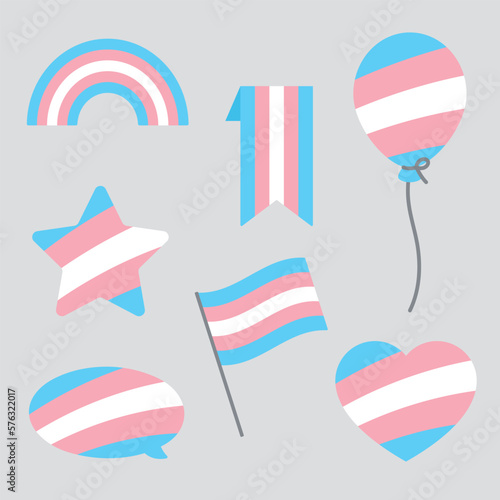 Blue, pink and white colored speech bubble, star, heart, balloon, flag and rainbow icons, as the colors of the transgender flag. LGBTQI, pride month concept. Flat vector illustration.

