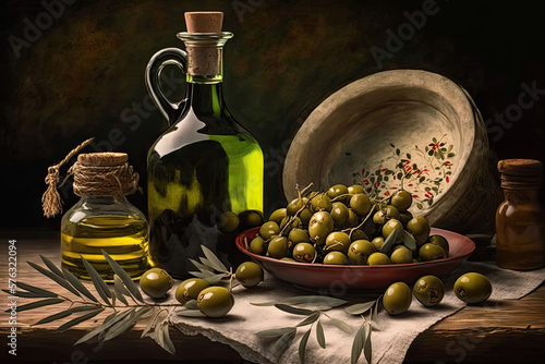 a painting of olives and a bottle of olive oil on a table with a bowl of olives and a bottle of olive oil.