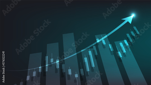 economy situation concept. Financial business statistics with bar graph and candlestick chart with uptrend arrow show stock market price and currency exchange on green background
