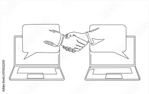 Continuous line drawing of business men shaking hand to deal digital transaction in speech bubbles on screen laptop. One line drawing graphic design. vector illustration