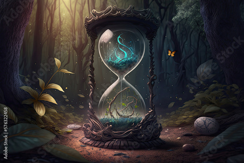 magical hourglass in a fantasy forest, Generative AI photo