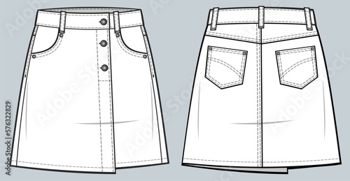 High-waist denim skirt fashion technical drawing template with pockets, Front zip fly, and top button fastening. denim skirt vector illustration. front and back view. CAD mockup  photo