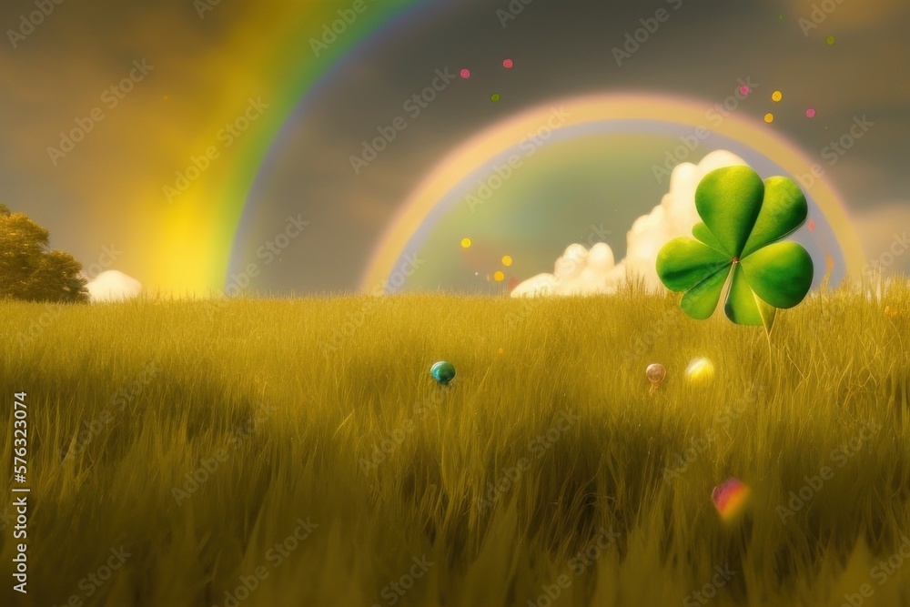 pltn style, Pot of gold coins, clover leaves and rainbow. St. Patrick's day generative ai - obrazy, fototapety, plakaty 