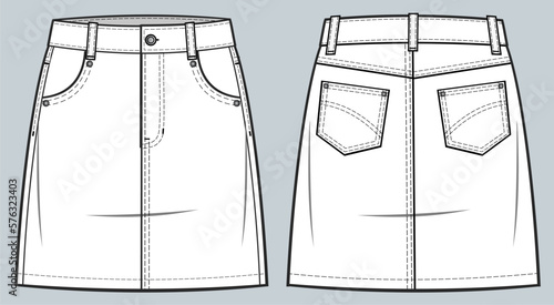 High-waist denim skirt fashion technical drawing template with pockets, Front zip fly, and top button fastening. denim skirt vector illustration. front and back view. CAD mockup 