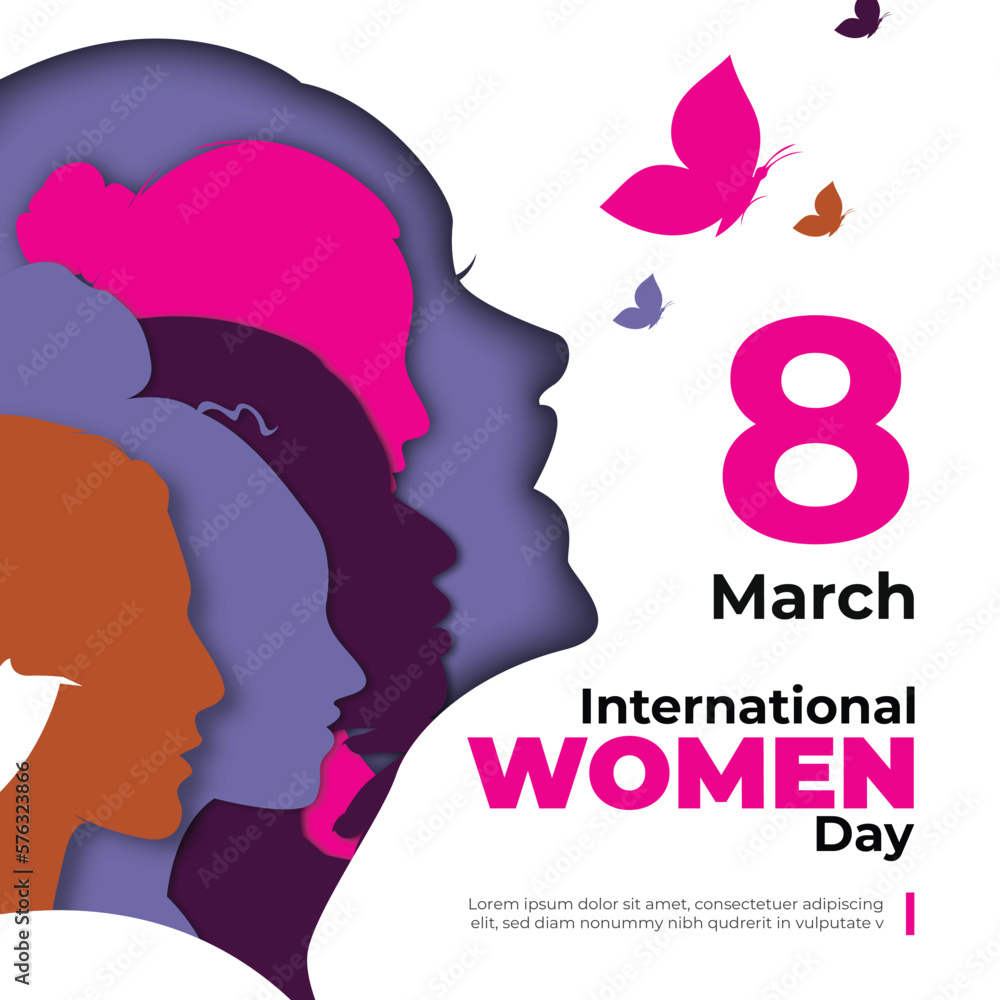 Happy women's day celebrations concept card design with girl's faces art vector designs