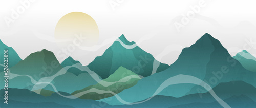 Abstract mountain art vector. Oriental luxury blue mountains landscape design with watercolor brush and texture, white mist. Wallpaper design, Wall art for home decor and prints.