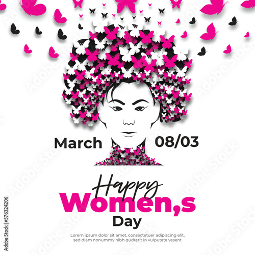 International 8 march happy women's day design with face with butterflies