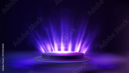 Empty podium for product presentation with lighting of spotlights, 3d realistic vector illustration.