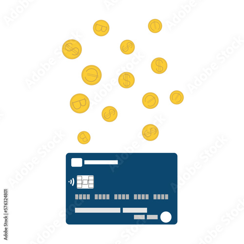 Bank card and golden dollar, euro and bitcoin coins. The concept of saving money, digital money, replenishing a bank account