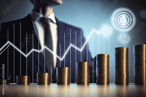 stacks of coins going up, a businessman in the background, representing rising interest rates, cost of purchases, inflation, borrowing cost of money, consumer price index, CPI, hyperinflation, economy