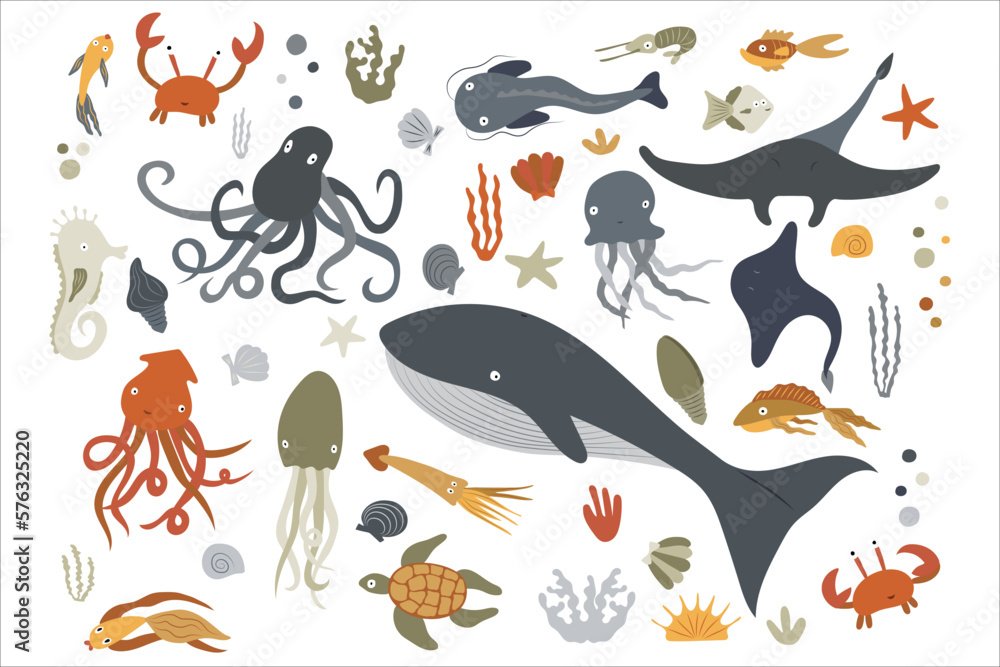 Set of marine animals and aquatic plants. Cartoon sea life vector illustration isolated on white background