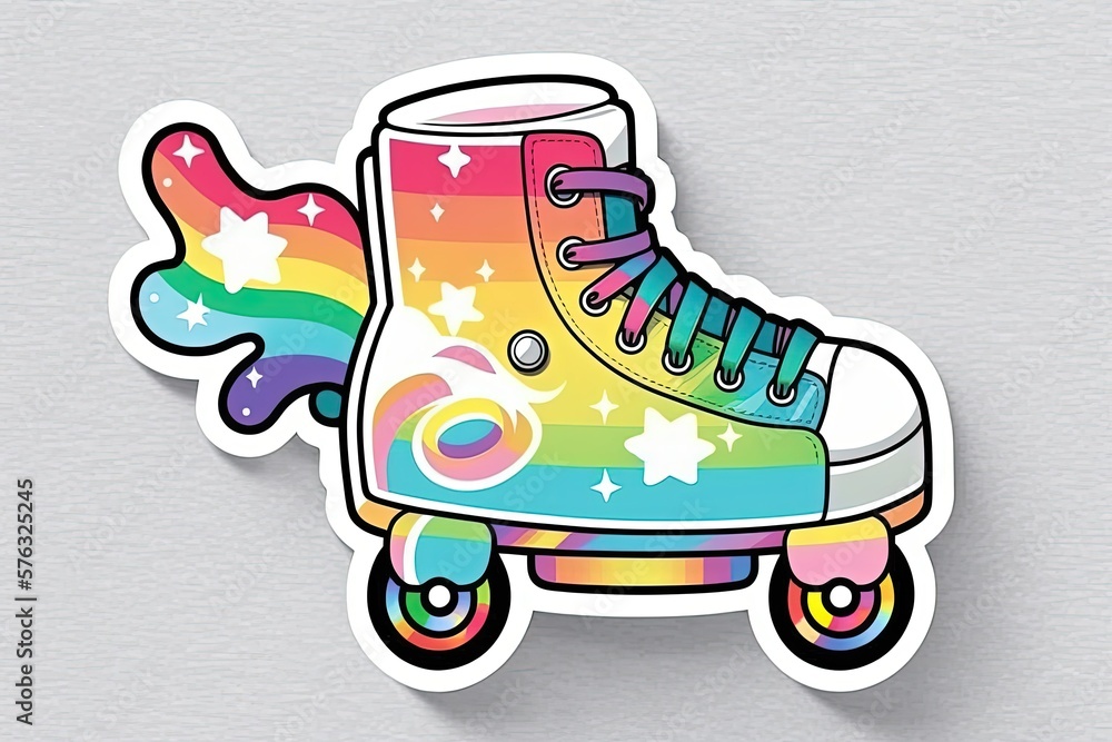 Adorable rainbow wheeled roller skate sticker with a throwback vibe. In the style of girly y2k