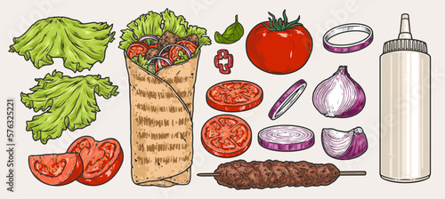 Kebab ingredients set stickers colorful