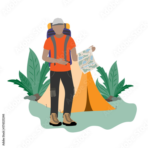 Male tourist with a map and a large backpack, set up a tent for camping or hiking.