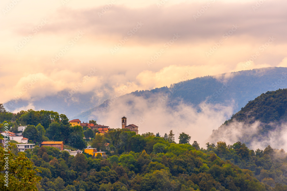 Alpine Village Aranno in the Clouds with Mountain View in Ticino, Switzerland.