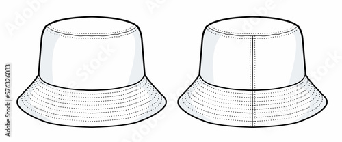 Bucket hat technical fashion illustration. hat template vector illustration. front and back view. white colour. CAD mock-up. photo