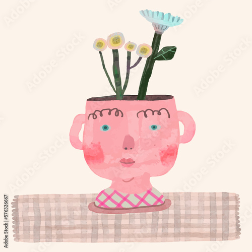 Flowers in kid heads. watercolor painting vector illustration. boy and nature. conceptual artwork of dream,hope, mind, education