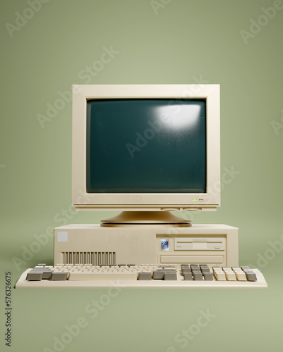 Classic retro 1990s beige home PC computer and CRT monitor. 3D illustration