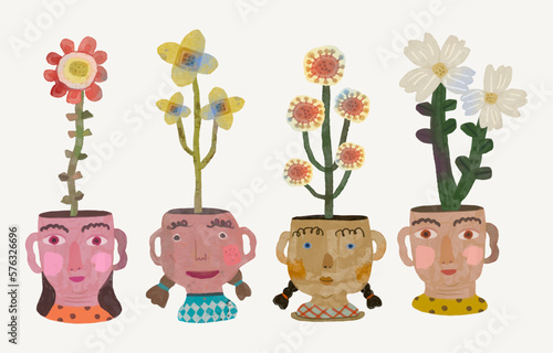 Flowers in kid heads. watercolor painting vector illustration. boy, girl and nature. conceptual artwork of dream,hope, mind, education