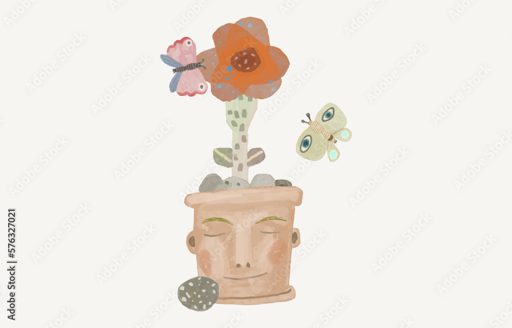 Flowers blooming in the vase of human head. Concept art of mind, life, nature, hope, freedom and mental health. watercolor painting vector. minimal illustration. conceptual artwork. blossom, butterfly Flowers blooming in the vase of human head. Concept art of mind, life, nature, hope, freedom and mental health. watercolor painting vector. minimal illustration. conceptual artwork. blossom, butterfly