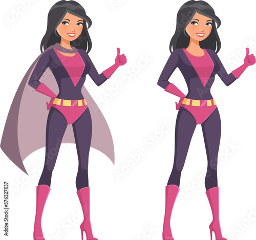 Photo beautiful cartoon supergirl in violet costume, smiling and giving thumbs up