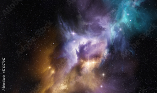 Fototapeta Naklejka Na Ścianę i Meble -  A distant beautiful glowing space nebula with new stars being formed. Photo Composition.