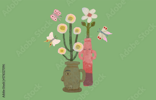 Flowers blooming in the vase of human head. Concept art of mind, life, nature, hope, freedom and mental health. watercolor painting vector. minimal illustration. conceptual artwork. blossom, butterfly