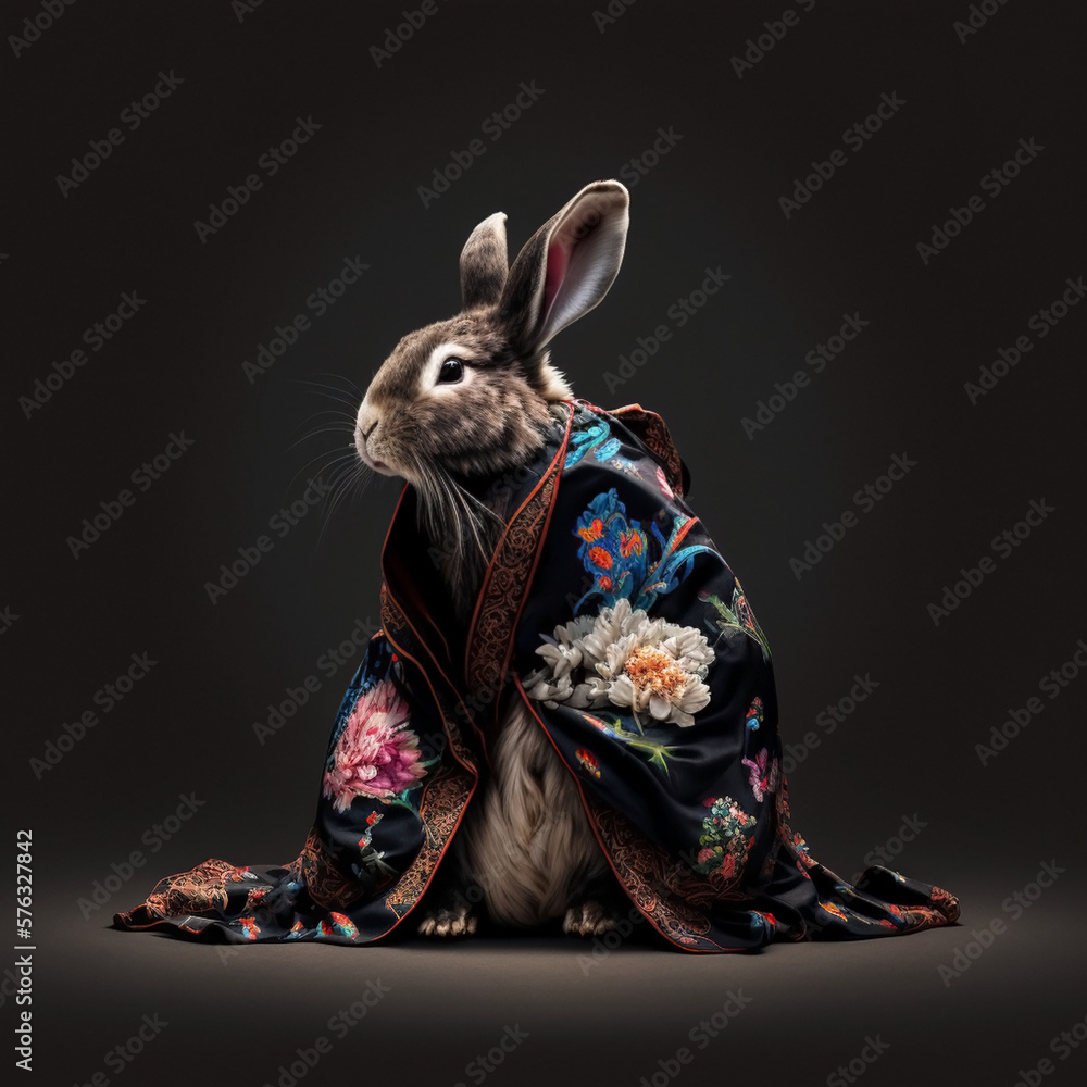 A black bunny monk in a traditional multicolored Chinese robe on a black background. Generative AI, generative artificial intelligence