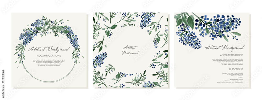 A set of square banners for social media. Post with watercolor field blue flowers and leaves. Vector template