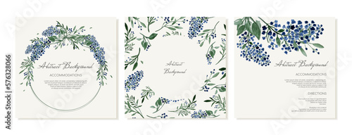A set of square banners for social media. Post with watercolor field blue flowers and leaves. Vector template