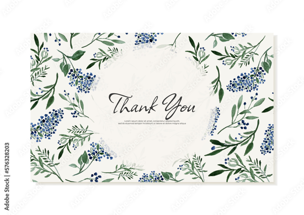 Thank you card template with watercolor wildflowers in rustic style. Vector