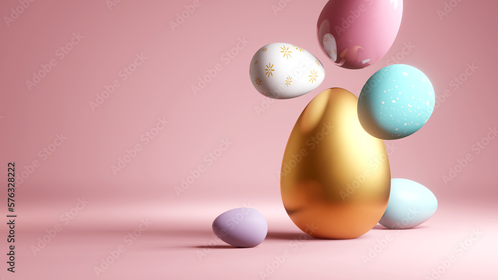 A large group of falling colourful chocolate easter eggs on a pink background. 3D illustration
